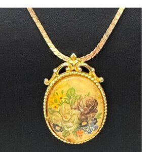 Vintage Floral Reverse Painted Pendant Necklace Gold Romantic Victorian Inspired